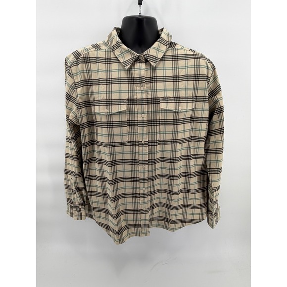 Patagonia Women's Canyonite Flannel Shirt XL Plaid Tan Teal Performance Stretch - Picture 2 of 7